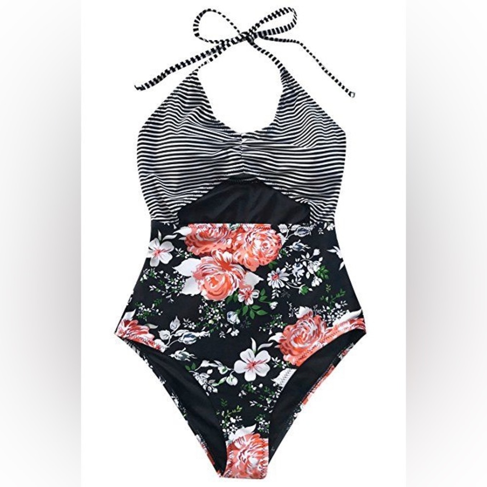 Cupshe black floral halter one piece swimsuit